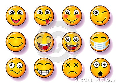 Set of smiles, collection of smiling faces in yellow color Vector Illustration